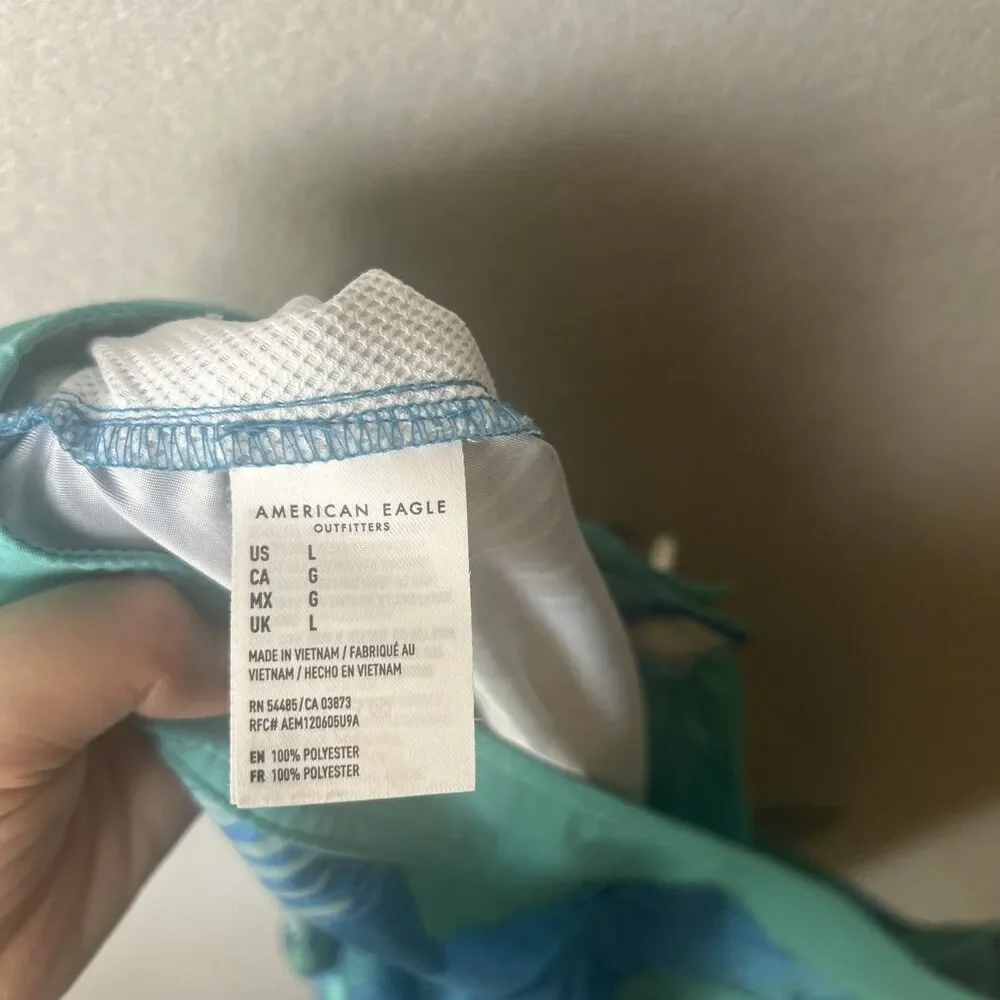 American Eagle Mens Large Tropical Palm Leaf Swim Trunks Blue‎ Beach Shorts